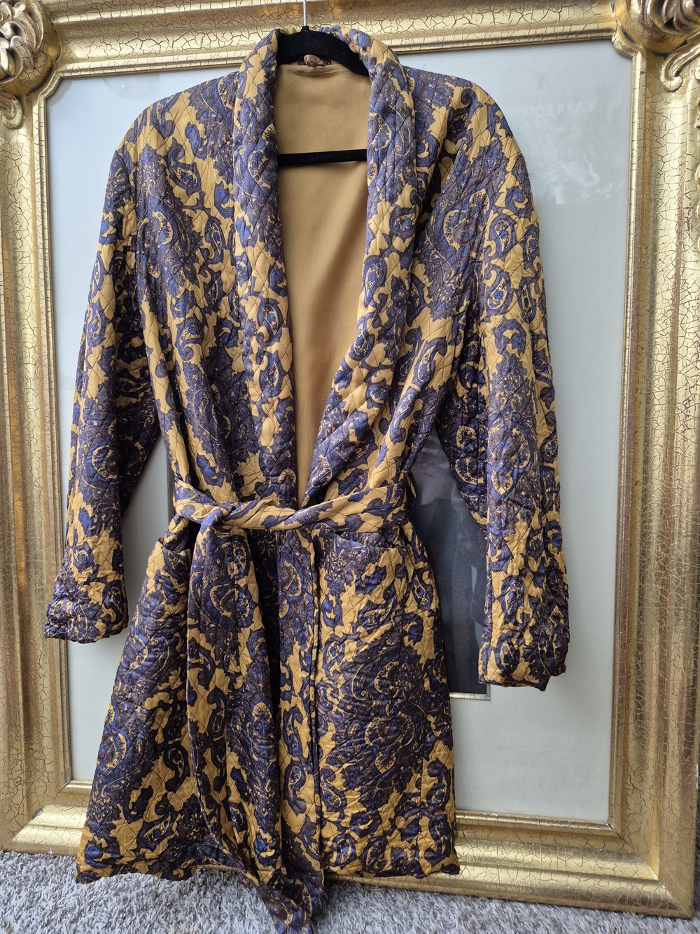 💕VTG Jaeger LONDON Quilted Shawl-Collar Jacket/Robe in Mustard & Navy Floral💕